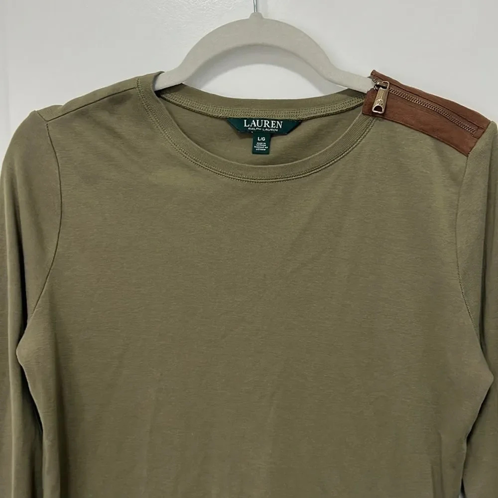 LAUREN RALPH LAUREN Army Green Brown Elbow
Pad Long Sleeve Top Size Large - Picture 3 of 9